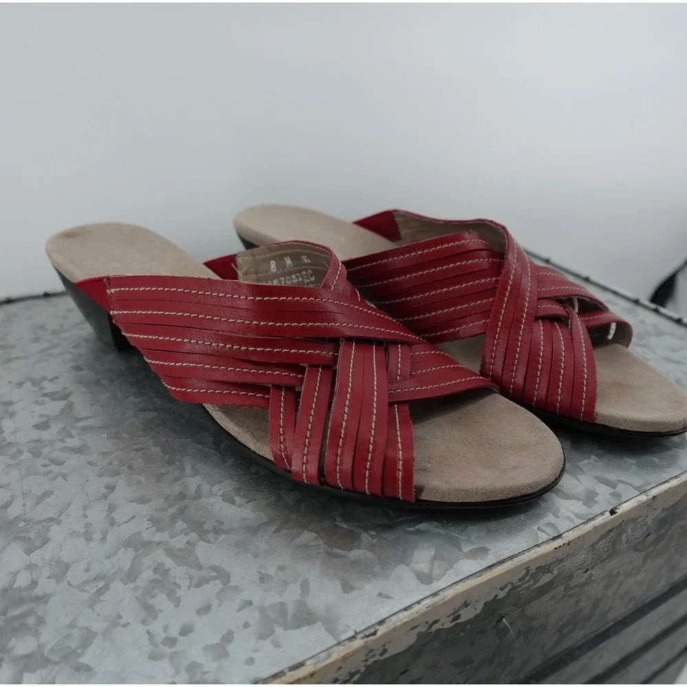Munro American Red Leather Crisscross Strappy Slide Sandals‎ Wedge M467031 8M